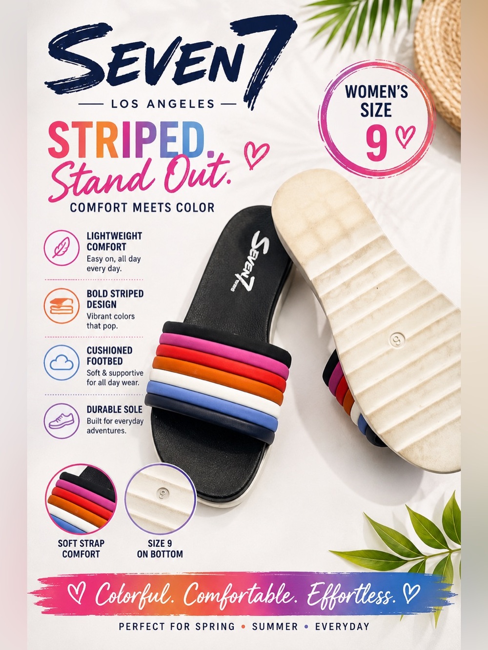 Seven7 Women’s Size 9 Rainbow Striped Slide Sandals Multicolor Slip-On